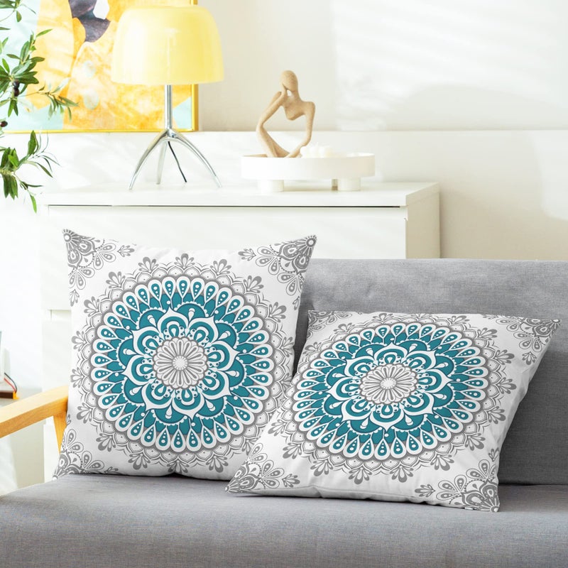 CaliTime Throw Pillow Covers Pack of 2 Cozy Fleece Mandala Dahlia Floral Medallion Compass Style Cushion Cases for Couch Bed Sofa Farmhouse Decoration 18 X 18 Inches Teal Grey - Image 2